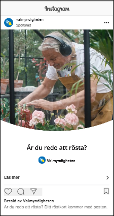 Annons på Instagram som visar man som lämnar växthus och plockar med sig sitt röstkort.