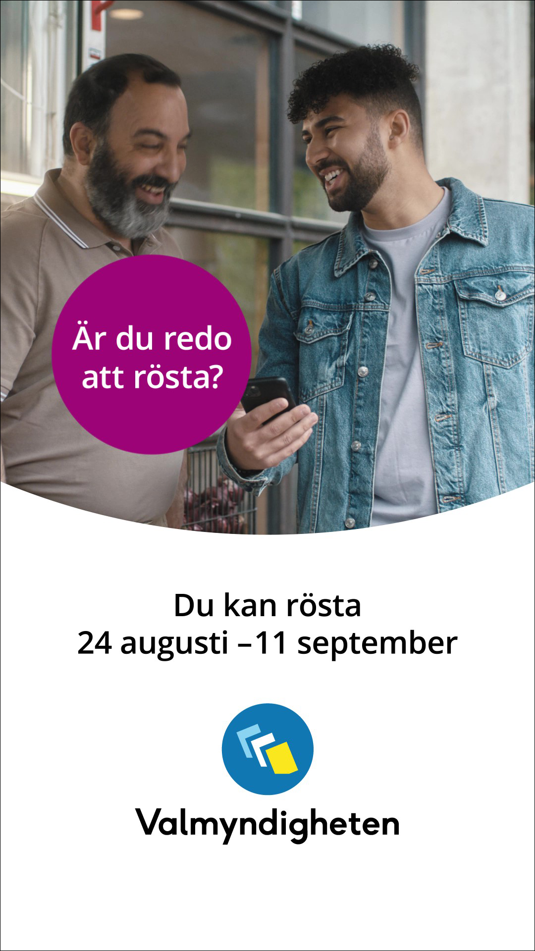 Annons på utomhustavla där två män står vid ett närlivs och pratar.