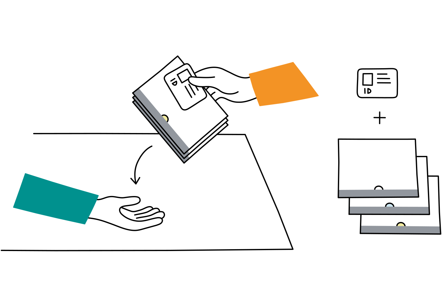 A voter hands three ballot envelopes and an ID document to a member of the polling staff.