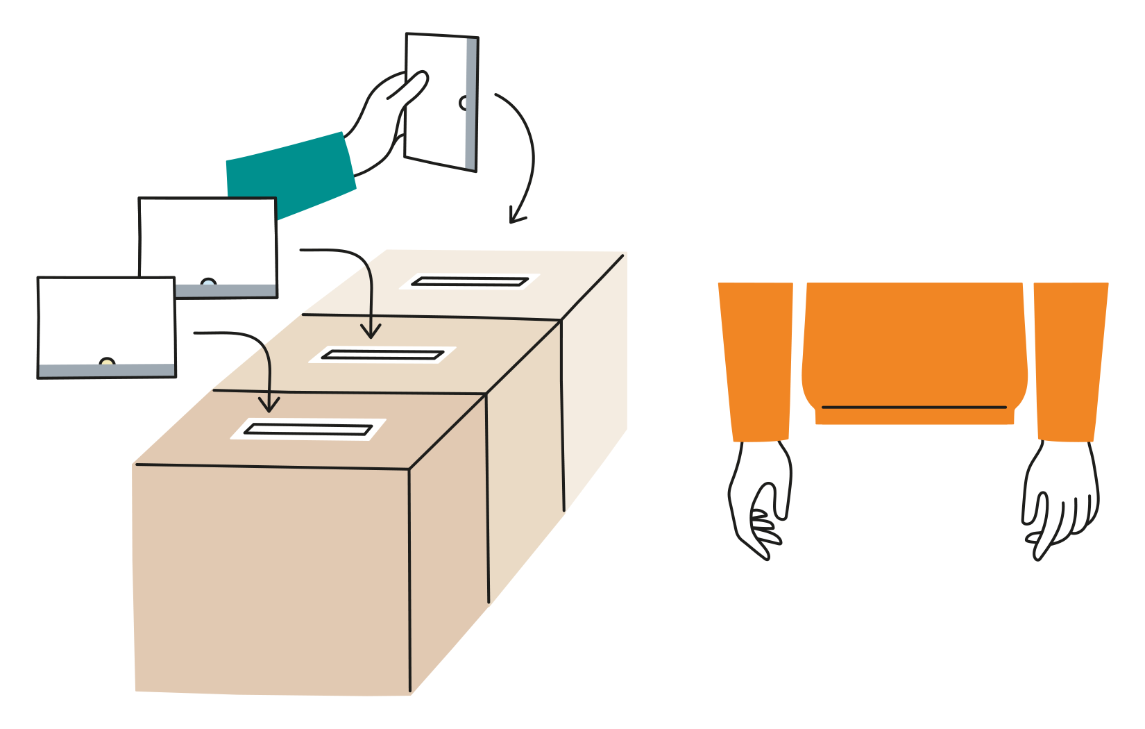A member of the polling staff places three ballot envelopes into three separate ballot boxes, one envelope in each box.