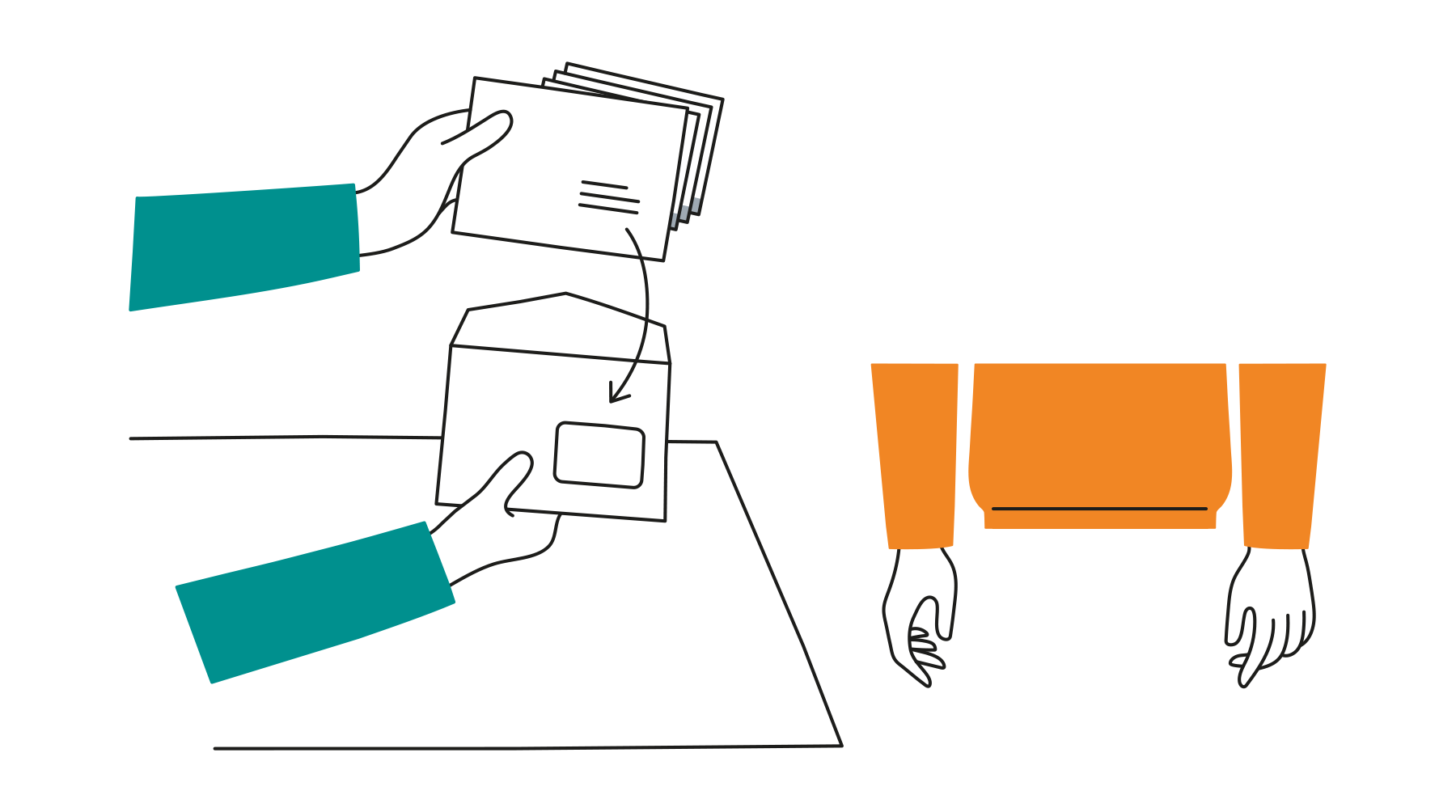 A member of the polling staff places ballot envelopes into a window envelope.