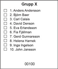 Vit namnvalsedel med en kandidatlista med tio namn.