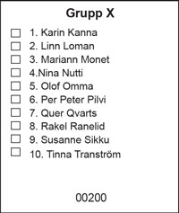 Vit namnvalsedel med en kandidatlista med tio namn.