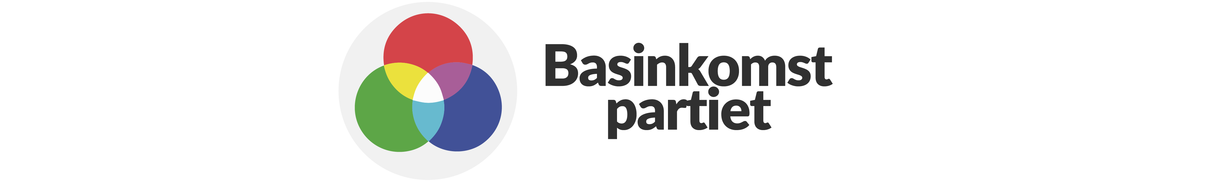 Tre cirklar i blått, rött och grönt som smälter samman, symbol för Basinkomstpartiet.