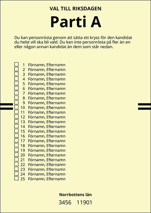 En namnvalsedel innehåller en lista med valbara kandidater för partiet.