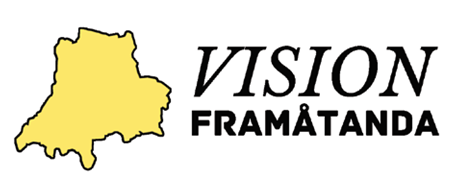 Symbol för partiet Vision Framåtanda där partinamnet står i svart text bredvid en kartbild av Jönköpings län.