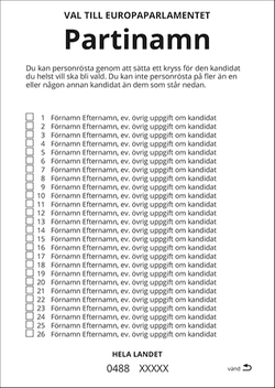 Valsedeln till Europaparlamentet är vit. Partinamnet står överst, därefter en instruktion om hur du gör för att personrösta och sist en numrerad lista på partiets kandidater.