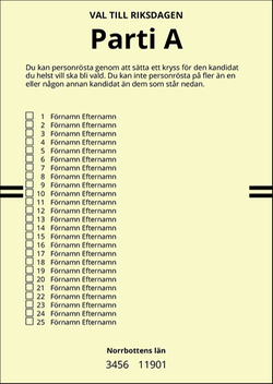 En namnvalsedel har en lista på kandidater under partiets namn.